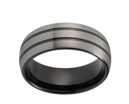 8mm schwarzer Wolfram-Ehering für Damen und Herren, gewölbt, doppelte Linien, silberne, matte Oberseite, bequemer Sitz