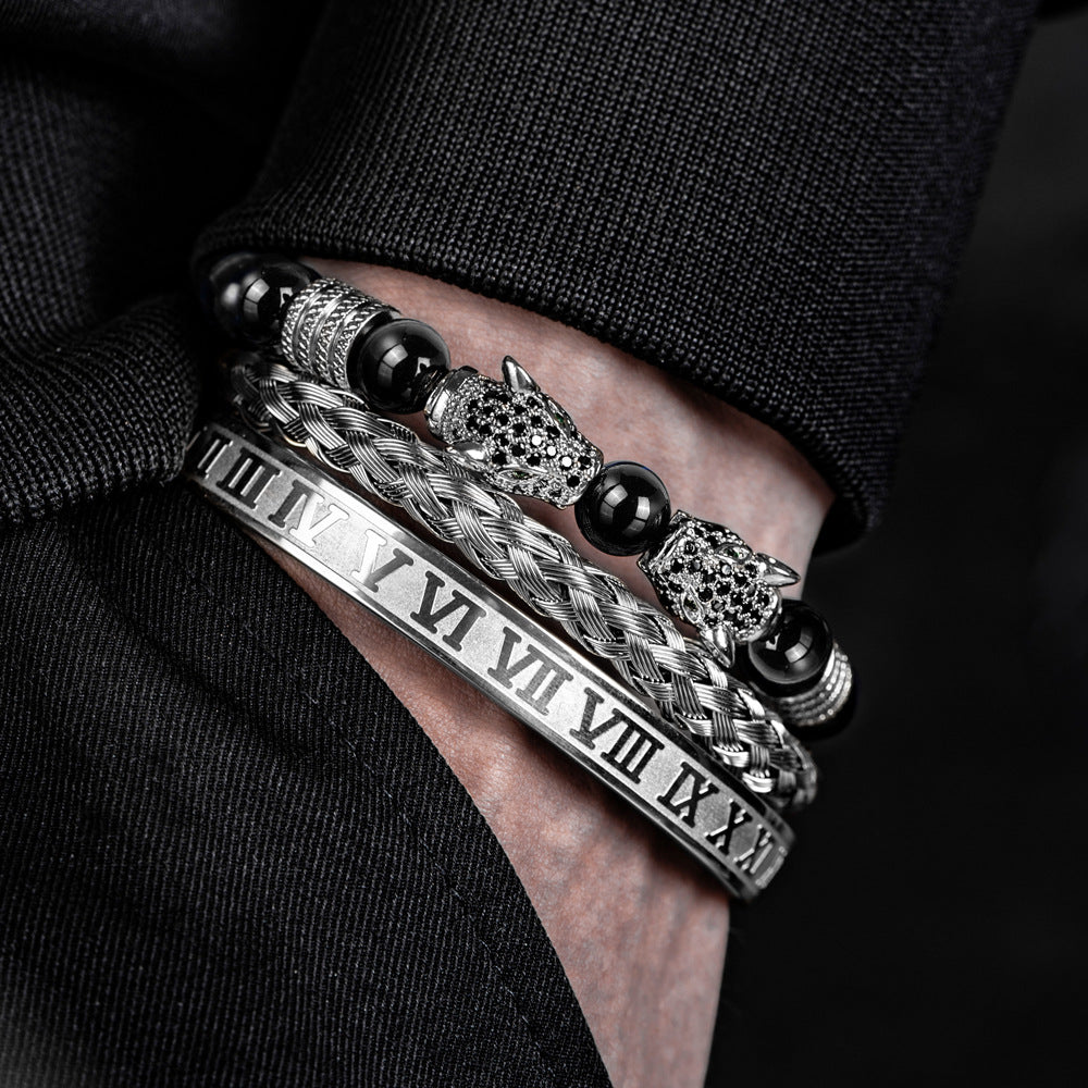 Herrenarmband-Set aus geflochtenem Edelstahl mit Doppel-Leopardkopf und römischen Ziffern, schwarz