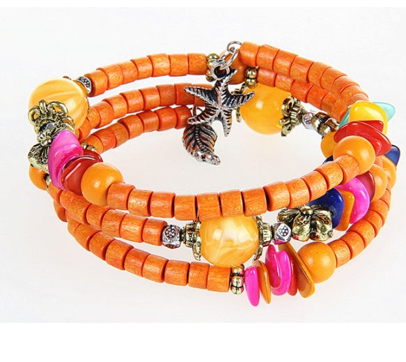 Nationaler Vintage-Holzarmreif aus buddhistischen Perlen, Muschel, Seestern-Anhänger, Holzarmband, Damenstil, Holzperlenarmband