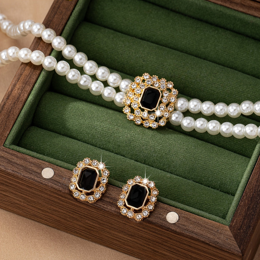 Stilvolles elegantes Doppelreihen-Perlen-Quadrat-Diamant-Halsketten-Ohrringe-Set