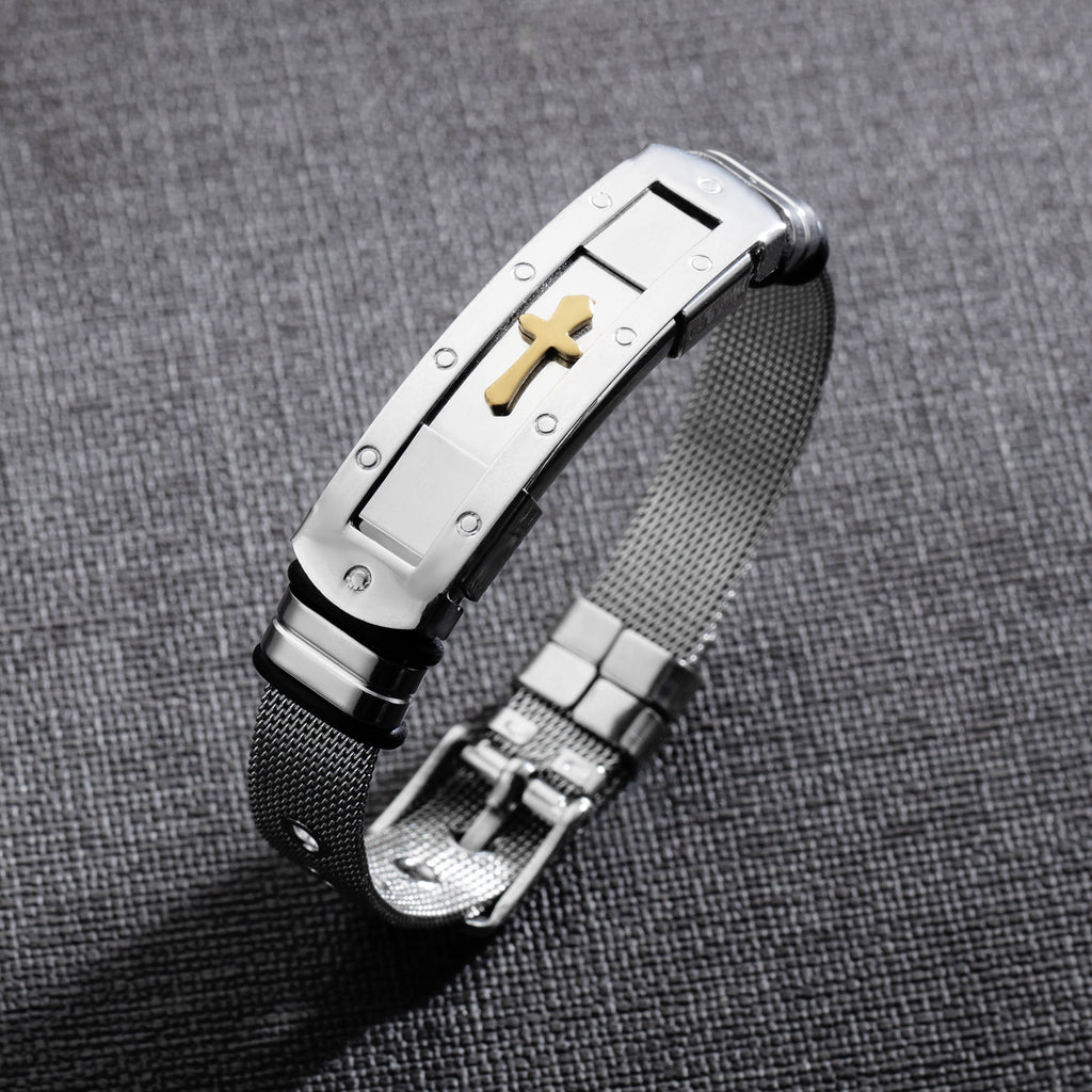 Pulsera con dije de cruz de acero inoxidable, pulsera de reloj ajustable para hombre, joyería cristiana