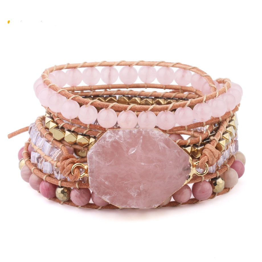 Pulsera de Piedra Natural Pulseras de Cuarzo de Cuero para Mujer con Cuentas de Piedras Preciosas Rosas Joyería 5 Hilos