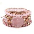 Pulsera de Piedra Natural Pulseras de Cuarzo de Cuero para Mujer con Cuentas de Piedras Preciosas Rosas Joyería 5 Hilos