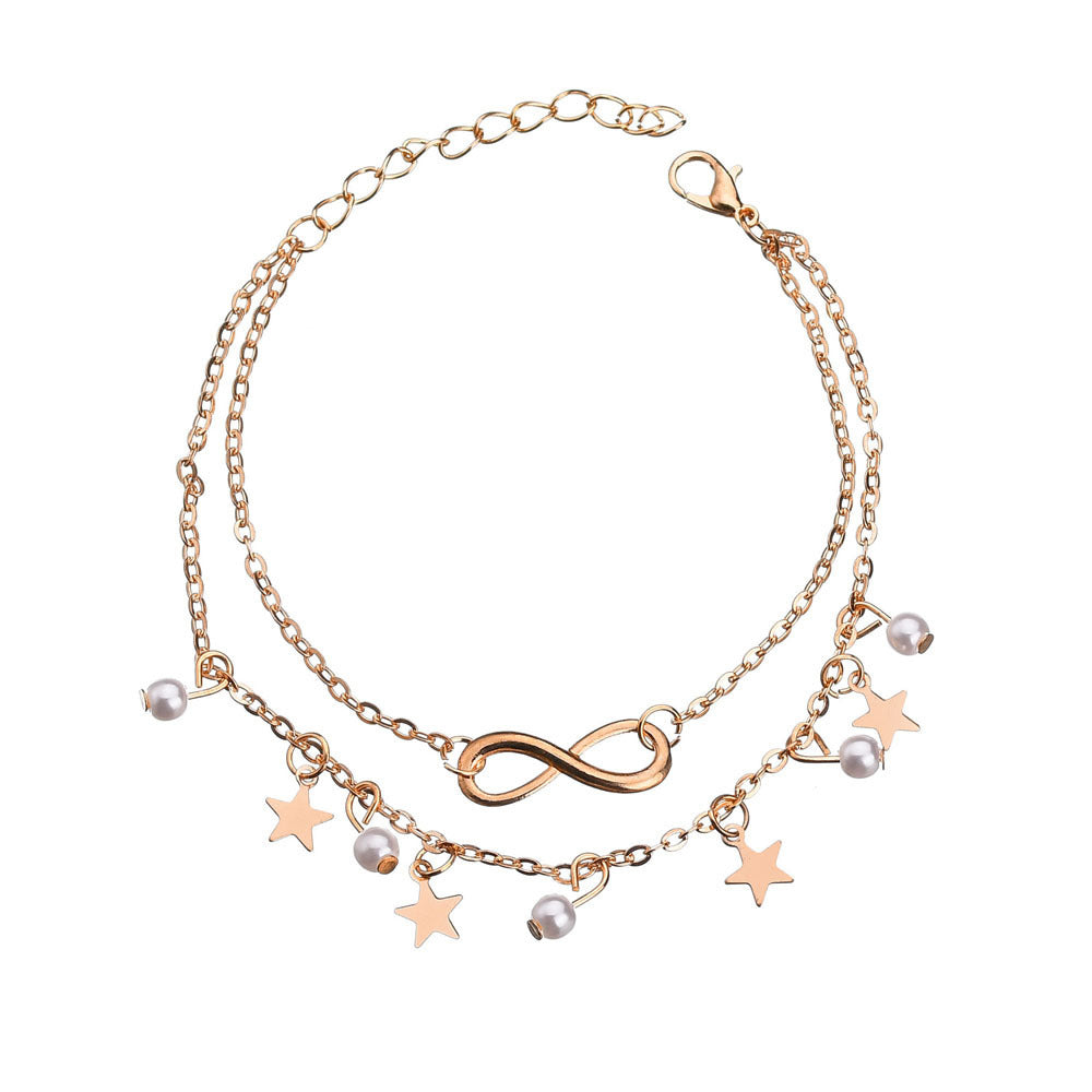 Tobillera de perlas con estrella de cinco puntas y 8 letras