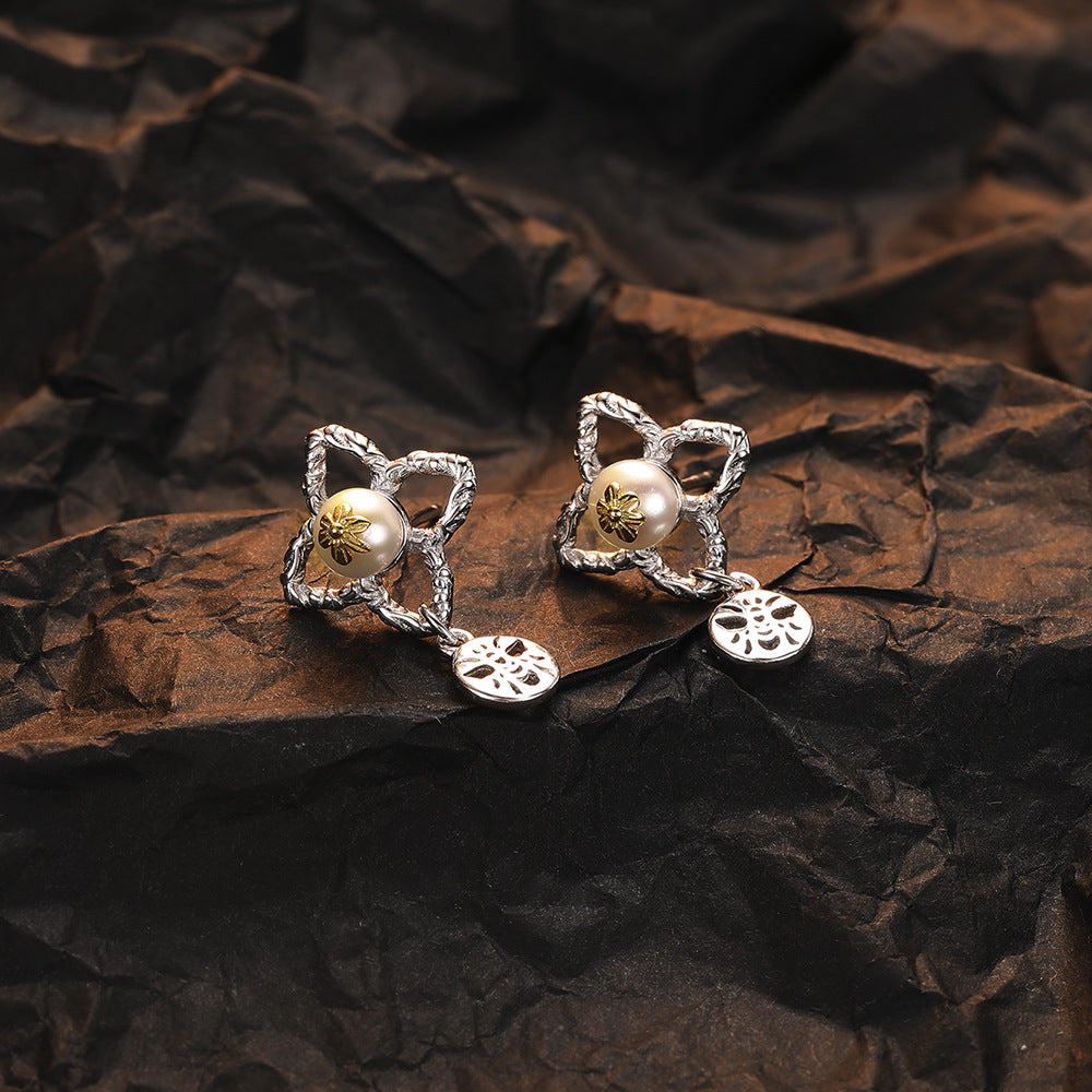 Pendientes de Perlas de Plata 925 con Diseño de Flor y Abeja