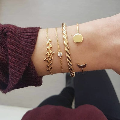 Conjunto de Pulseras de Oro Plata Cristal Hoja Luna Flecha Gato de Moda para Mujer Pulsera Ajustable Geométrica Brazaletes Pulseiras