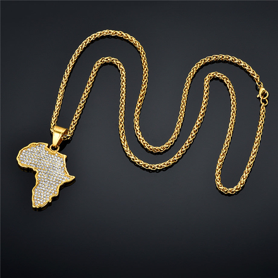 Titanium Steel Gold-plated Diamond African Map Pendant