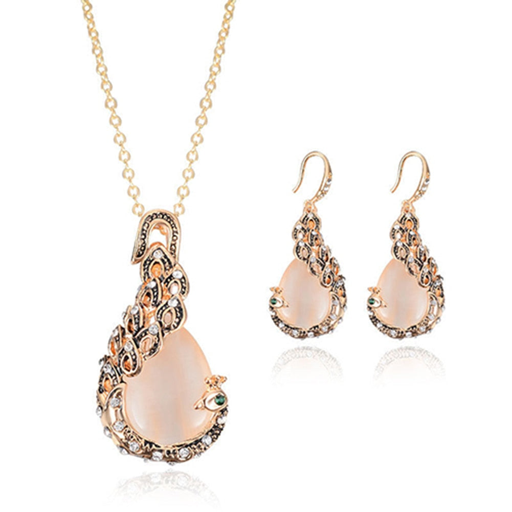 Damen Elegantes Wassertropfen Strass Anhänger Halskette Haken Ohrringe Schmuckset