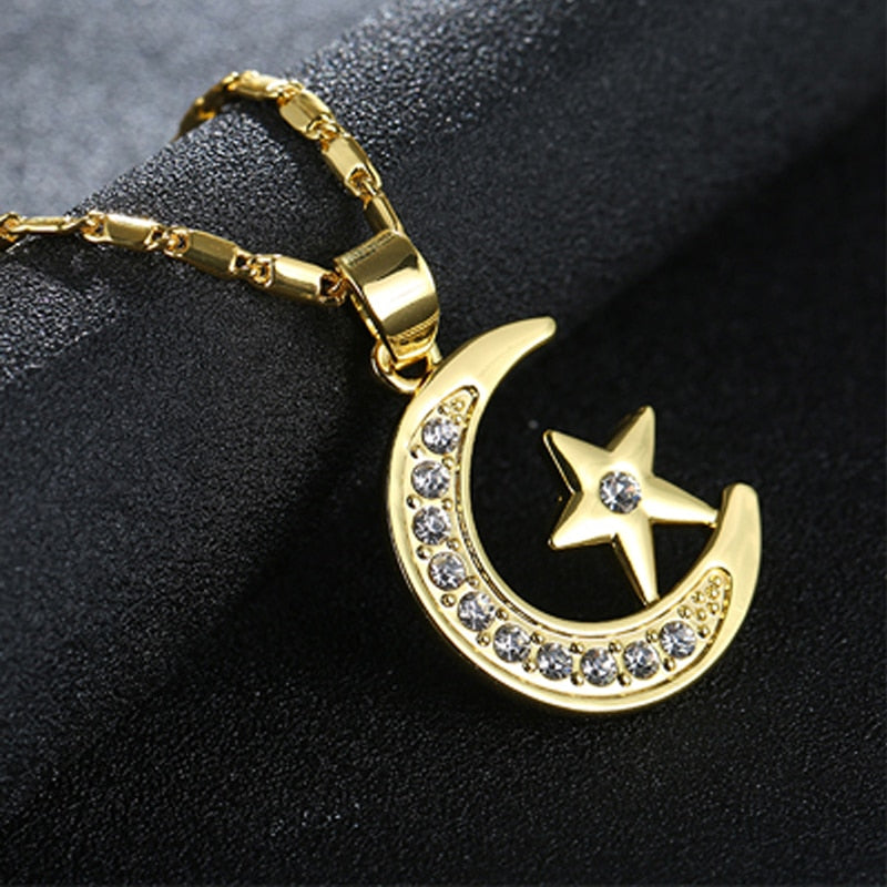 Muslim Mondsichel-Anhänger Halskette Silber Gold Farbe Zirkonia CZ Islam Mond Stern Schmuck Damen Geschenk
