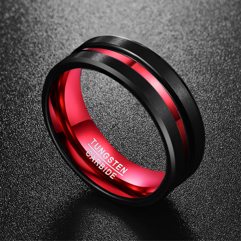 Anillo de carburo de tungsteno para hombre de 8 mm, negro y rojo, acabado mate y bordes biselados