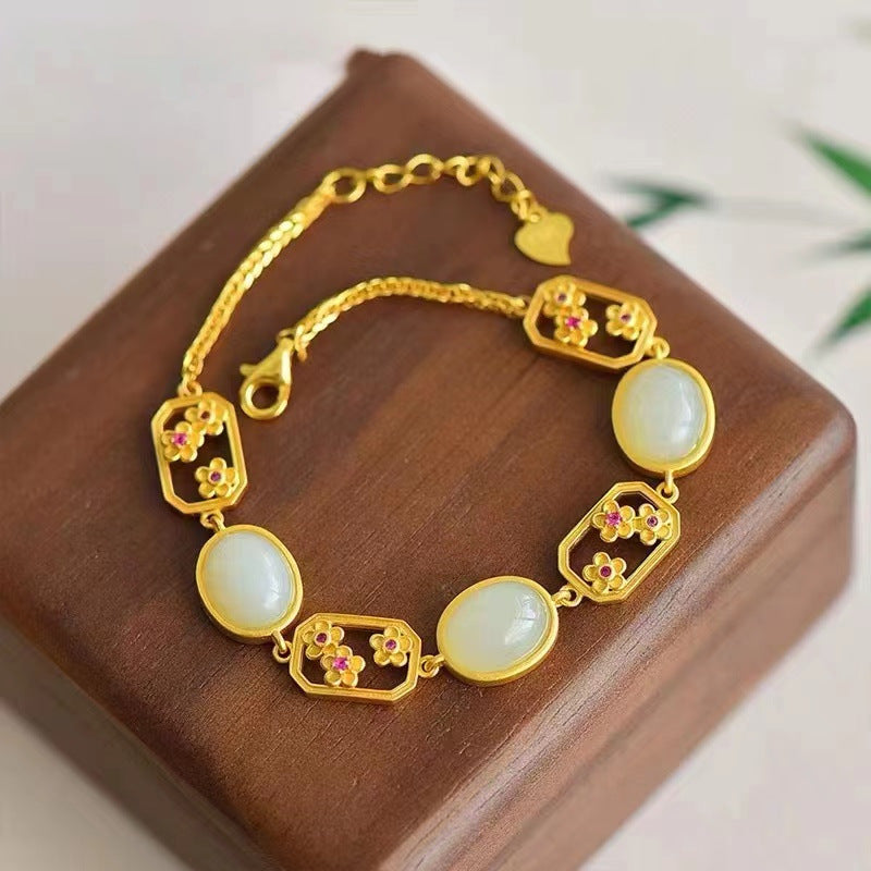 Pulsera de Fideos de Jaspe Natural S925 Plata de Ley Chapada en Oro Ciruela Hueca