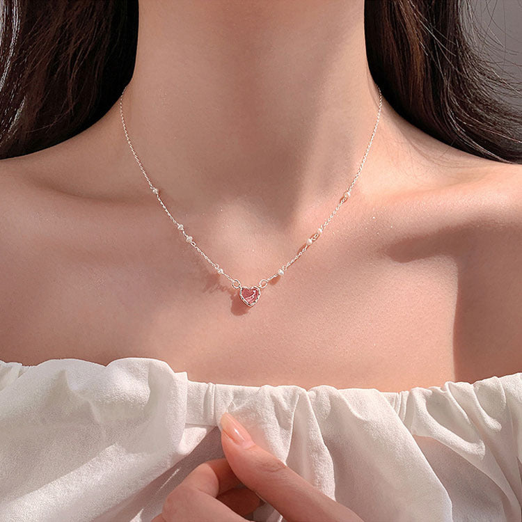 925 Silver Plated Heart Necklace Female Pearl Advanced
