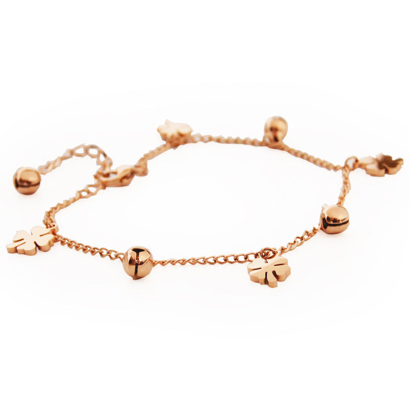 Tobillera de campana de trébol de acero de titanio para mujer, estilo antiguo, diseño de nicho, joyería