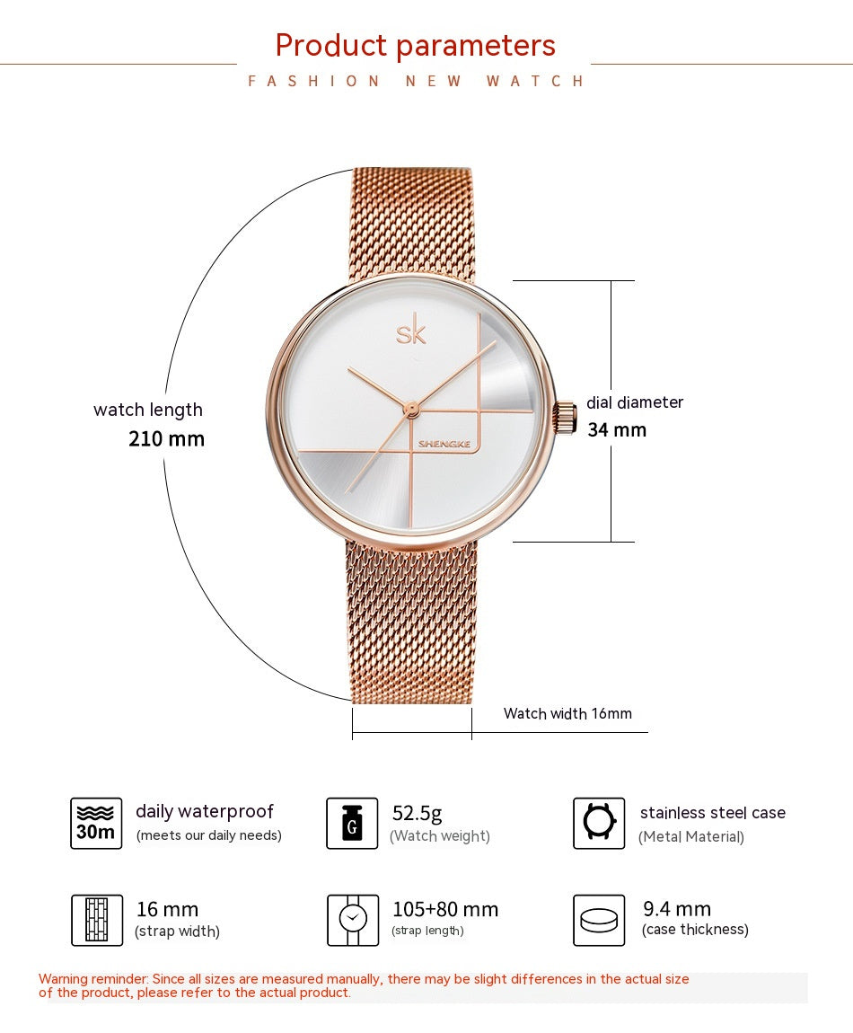 Reloj de cuarzo con correa de malla y diseño geométrico sencillo para mujer