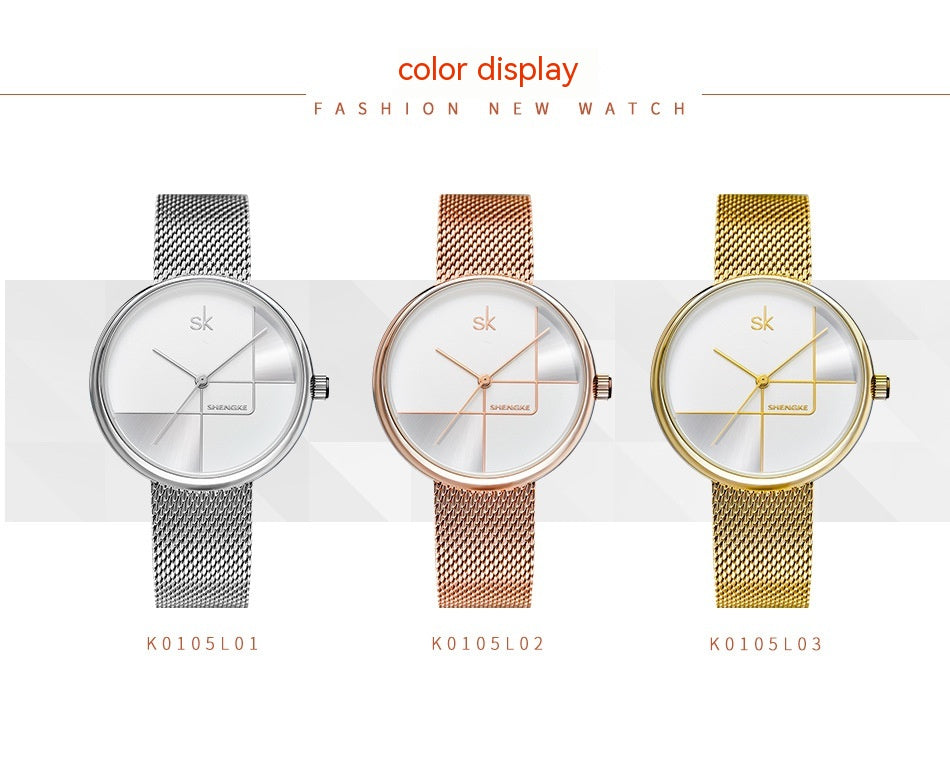 Reloj de cuarzo con correa de malla y diseño geométrico sencillo para mujer