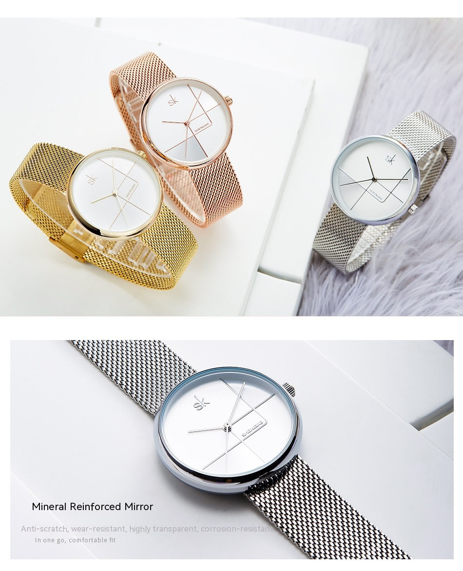 Reloj de cuarzo con correa de malla y diseño geométrico sencillo para mujer