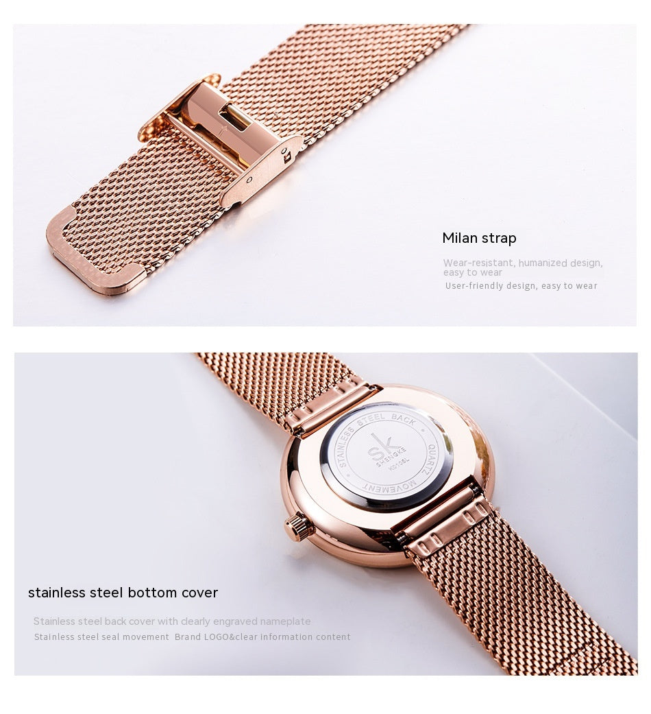 Reloj de cuarzo con correa de malla y diseño geométrico sencillo para mujer