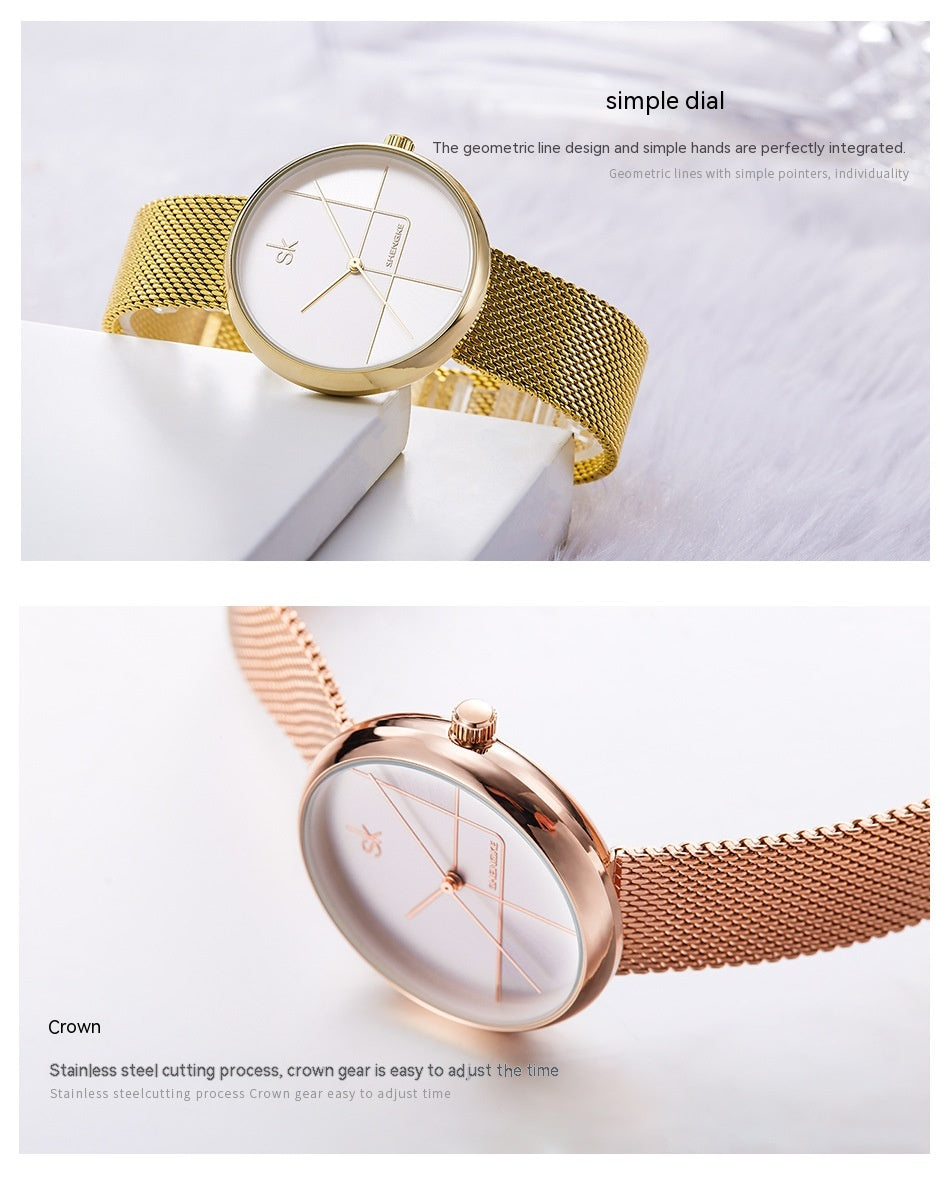 Reloj de cuarzo con correa de malla y diseño geométrico sencillo para mujer
