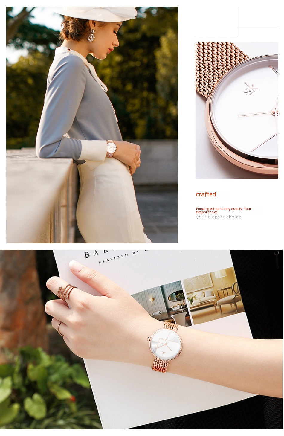 Reloj de cuarzo con correa de malla y diseño geométrico sencillo para mujer