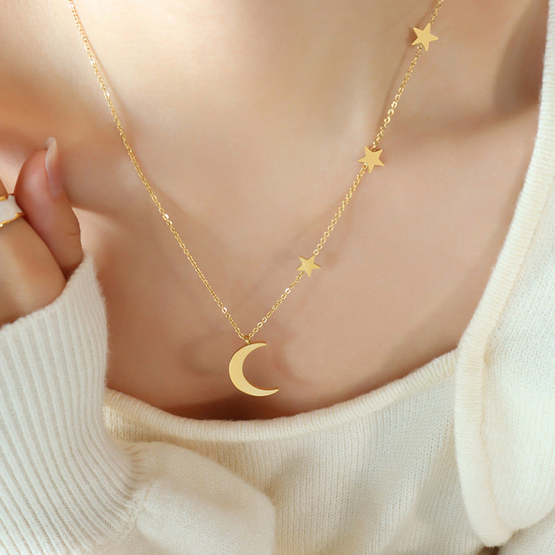 Romantischer Stern- und Mond-Anhänger, zweilagige Zwillingskette aus Titanstahl, Schmuckset
