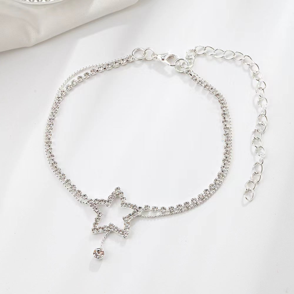Collar y tobillera con diseño de corazón de estrella de cinco puntas con diamantes de imitación para mujer