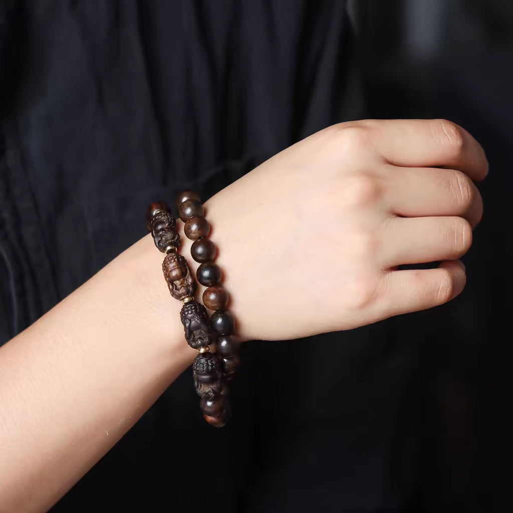 Double Circle Bracelet With Four Buddha Carved From Agarwood