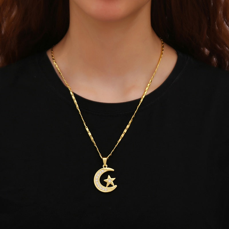 Muslim Mondsichel-Anhänger Halskette Silber Gold Farbe Zirkonia CZ Islam Mond Stern Schmuck Damen Geschenk
