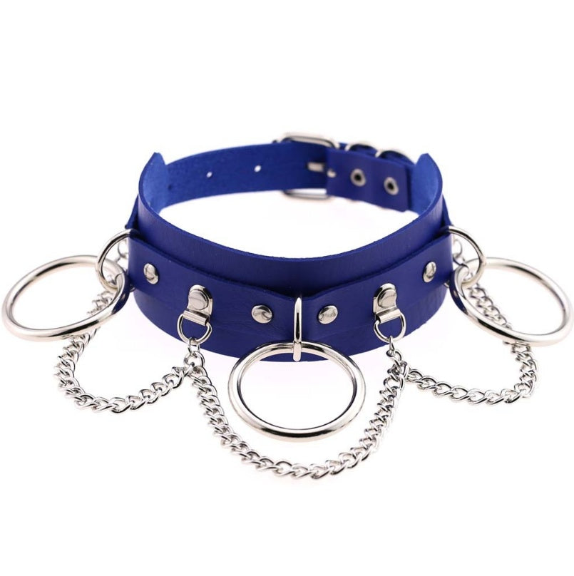 European and American style personality exaggerated PU leather collar necklace Punk street shooting nightclub O-ring chain clavicle chain neck collar