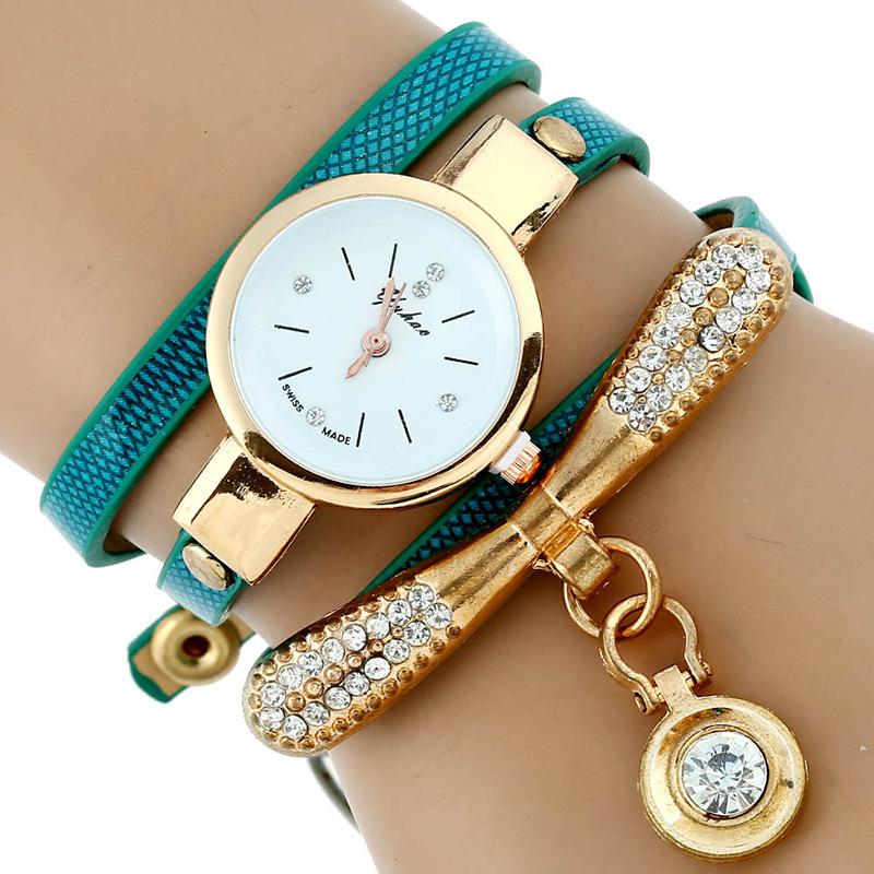 Reloj de pulsera informal de cuarzo de cuero sintético con diamantes de imitación de oro para mujer de la marca de lujo Gnova Platinum Fashion