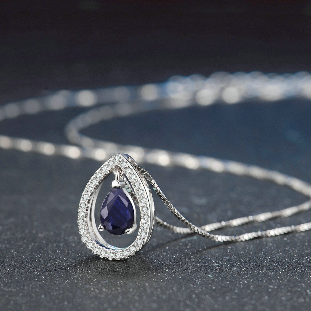 Ladies 925 Sterling Silver Necklace Sapphire Pendant