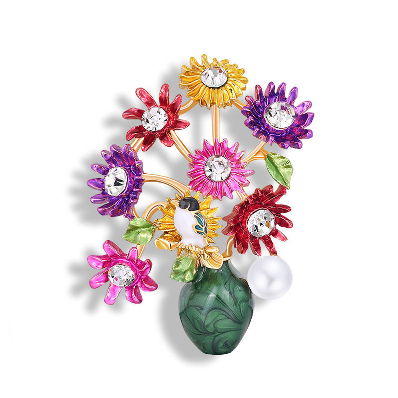 Vase Flower Arrangement Painted Brooch