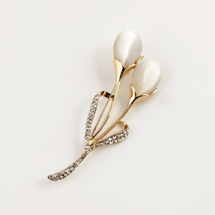Fashion Opal Stone Tulip Brooch Pin Elegant Jewelry Flower Brooches Rhinestone