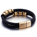 Herrenarmband aus Edelstahl in Goldfarbe, schwarzes Lederarmband für Herren, Armschmuck mit Magnetverschluss