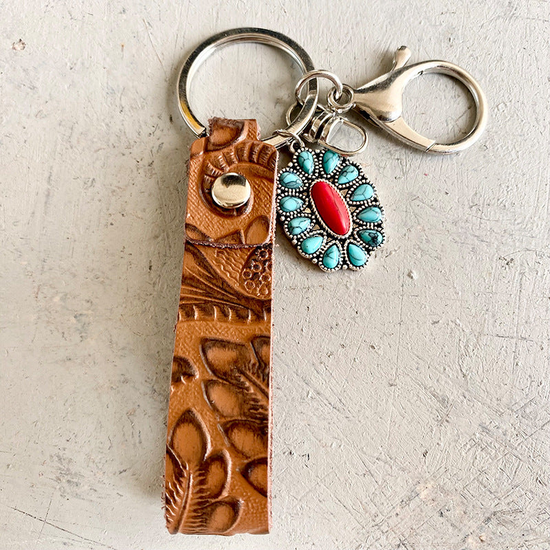 Llavero Retro Grabado Cuero Vacuno Estilo Western con Colgante de Flores de Calabaza Turquesa