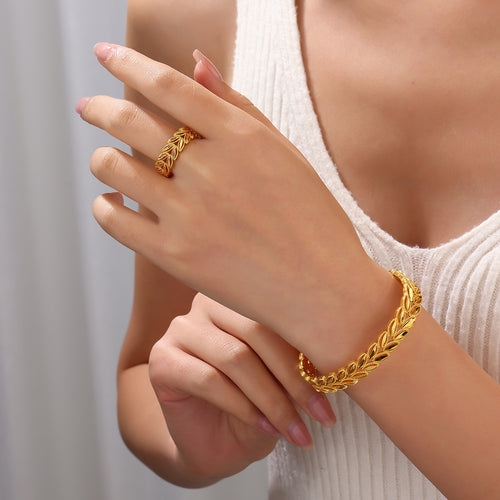 2 piezas de moda Chapado en oro de 18 quilates, diseño de espiga de trigo, hojas, conjunto de pulsera y anillo, adecuado para uso diario de mujer, regalos de joyería para vacaciones