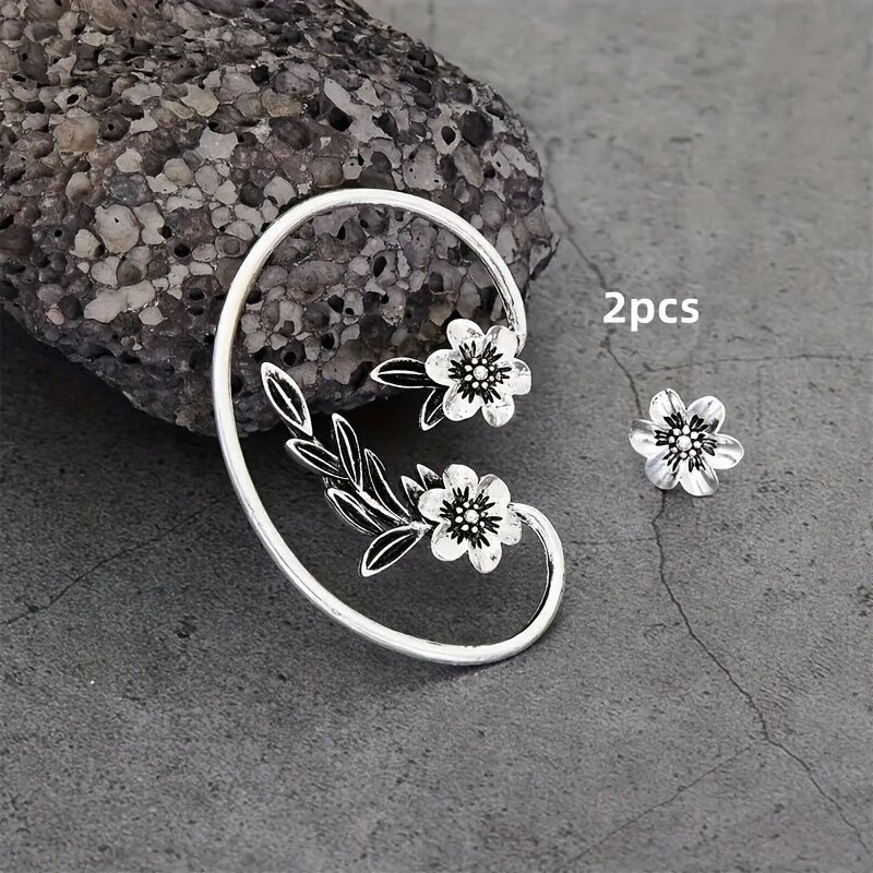 Pendientes de gancho asimétricos vintage con planta y flor