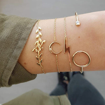 Conjunto de Pulseras de Oro Plata Cristal Hoja Luna Flecha Gato de Moda para Mujer Pulsera Ajustable Geométrica Brazaletes Pulseiras