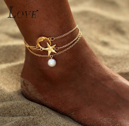 Tobillera de cuentas de cristal bohemio AY para mujer, pulsera con colgante de luna para la pierna, correa de tobillo, tobillera de verano para niña, joyería para el pie