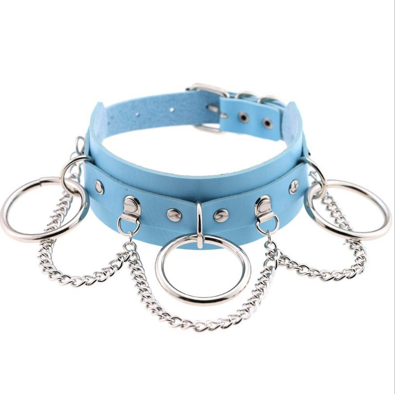 European and American style personality exaggerated PU leather collar necklace Punk street shooting nightclub O-ring chain clavicle chain neck collar