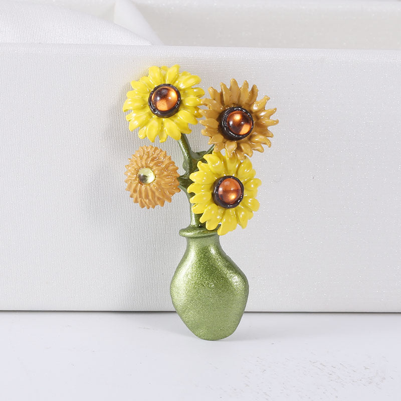 Broche Girasol Vintage Florero Cristal Esmalte Pins Joyería de Moda Camisa Cárdigan Solapa Broches Accesorios