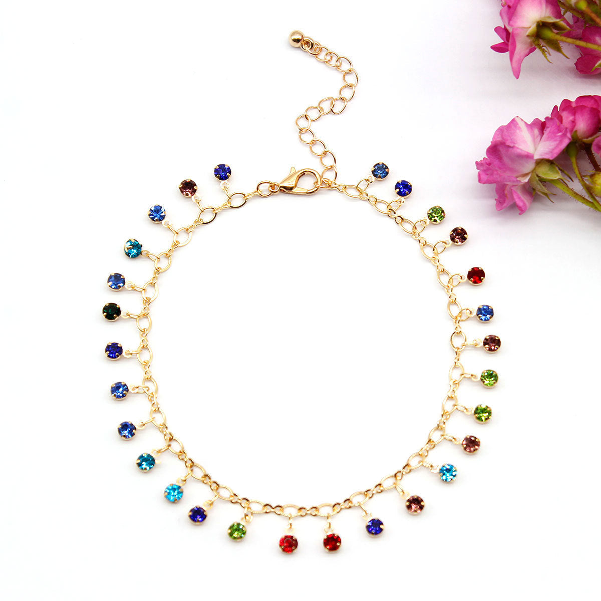 Tobillera de cadena con microincrustaciones de diamantes de colores para mujer