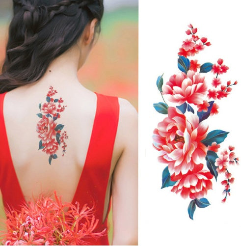 Pegatina de tatuaje de flores, boceto a color, pegatina de tatuaje de flores, peonías, rosas, ciruelos, pegatina de tatuaje