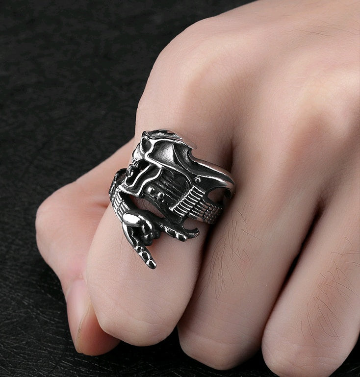Anillo de acero de titanio para hombre, estilo rock, hip hop, calavera, guitarra, gesto de victoria, instrumento, anillo individual