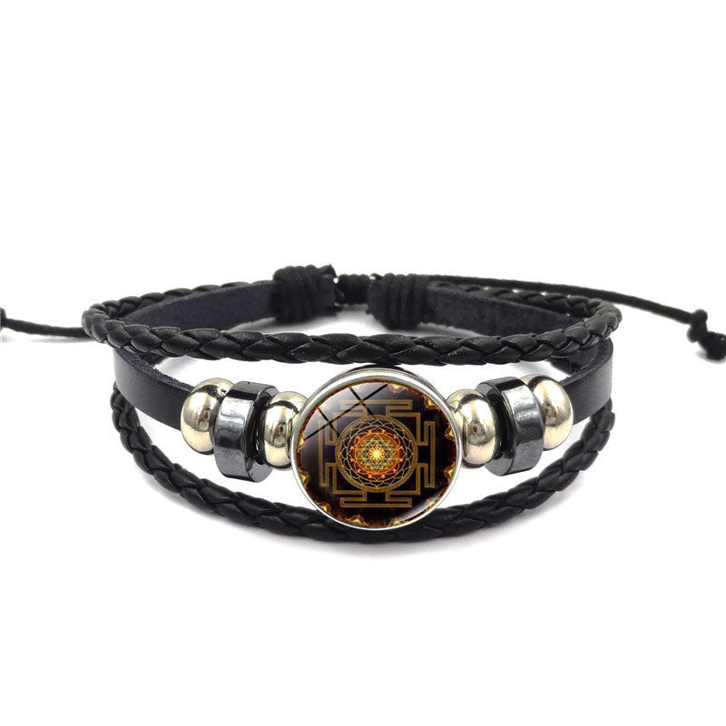 Geometría Sagrada Sri Yantra Hebilla de Cristal Pulseras y Brazaletes de Cuero Multicapa para Hombres y Mujeres Joyería