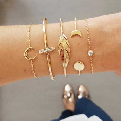 Trendige Gold Silber Kristall Blatt Mond Pfeil Katze Armreif Set für Damen Geometrisches Verstellbares Armband Armreifen Pulseiras