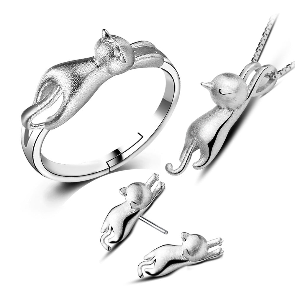 Niedliches Katzen-Schmuckset - Ring - Ohrringe - Halskette
