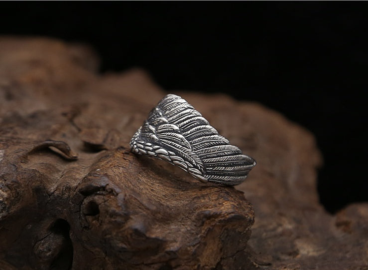 S925 Silber Herrenring Verstellbar Adlerflügel Feder Retro Schwarz Punk Biker Herrenringe Damen Sterling Silber Schmuck