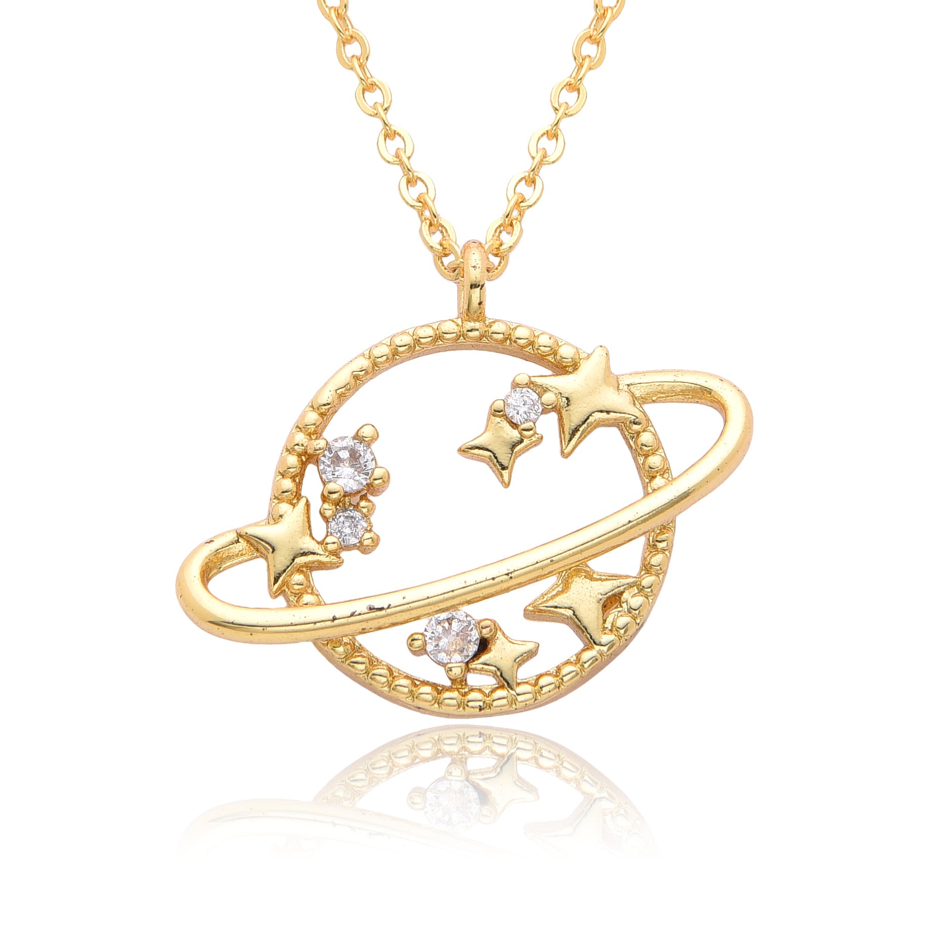 Copper Micro Inlay Color Zircon Personality Planet Pendant Plated 18K Gold Necklace