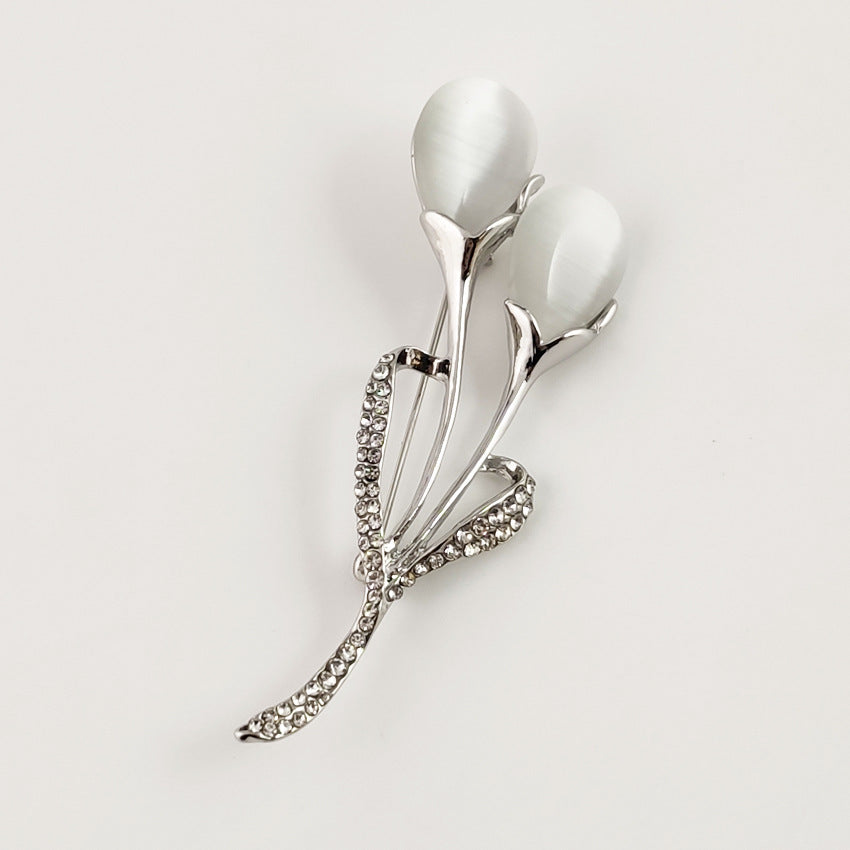 Fashion Opal Stone Tulip Brooch Pin Elegant Jewelry Flower Brooches Rhinestone