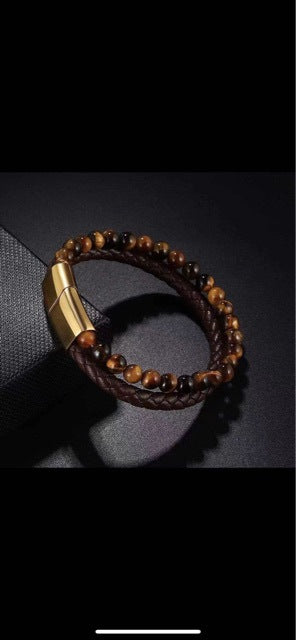 Armband aus echtem Leder mit Edelstahlschnalle aus Natur-Tigerauge